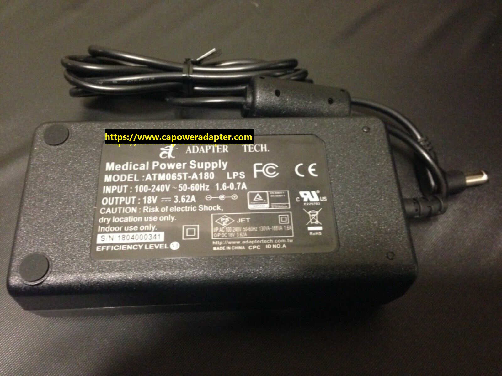 New JET Tech ATM065T-A180 18V 3.62A Medical Power Supply Adapter New JET Tech ATM065T-A180 18V 3.62A Medical Power Supply Adapter